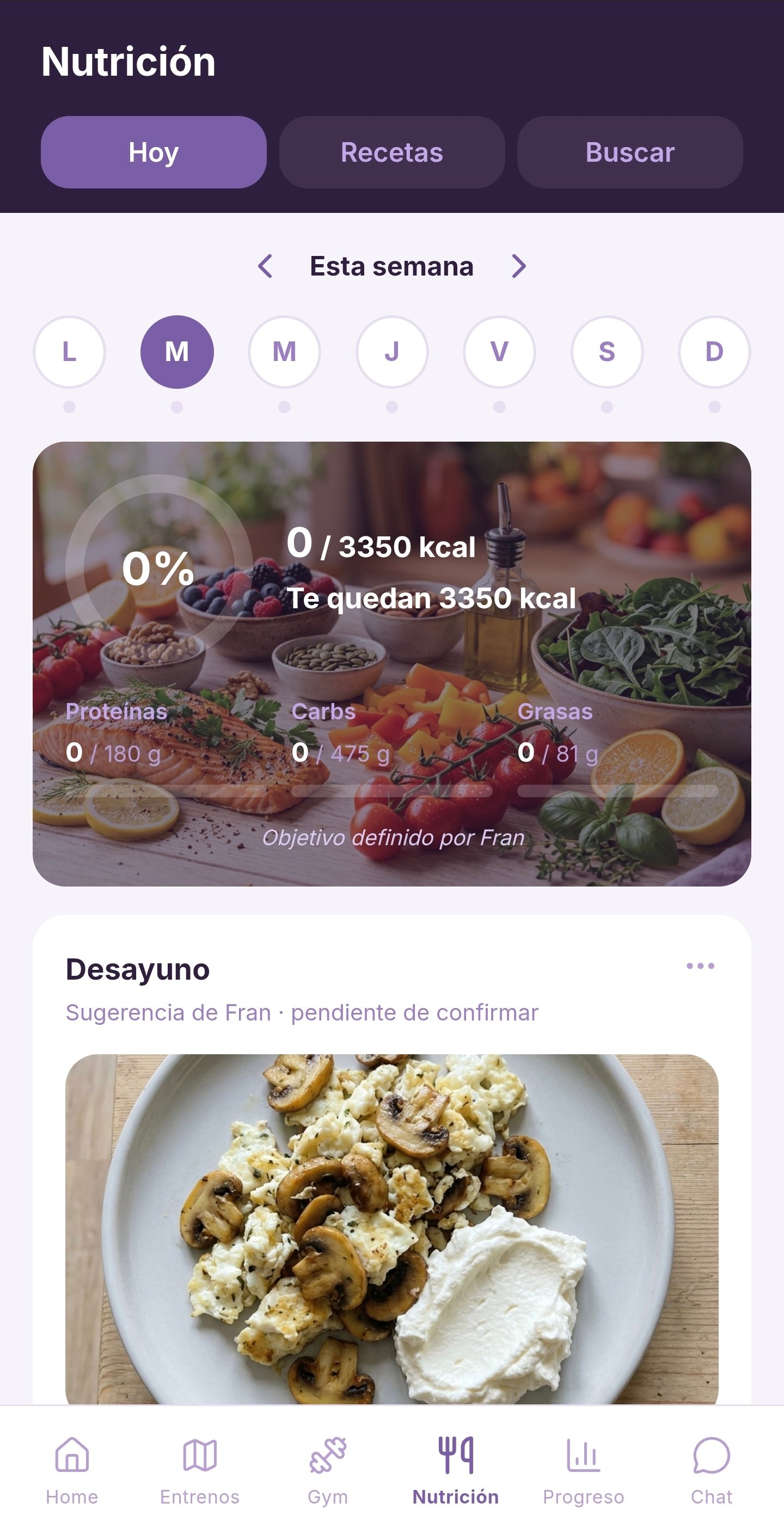 Nutrición y recetas dentro de la aplicación