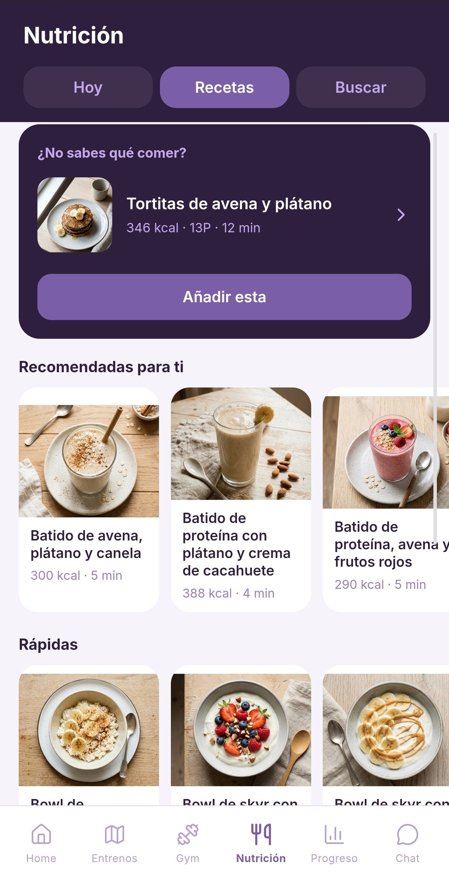 Recetas dentro de la sección de nutrición