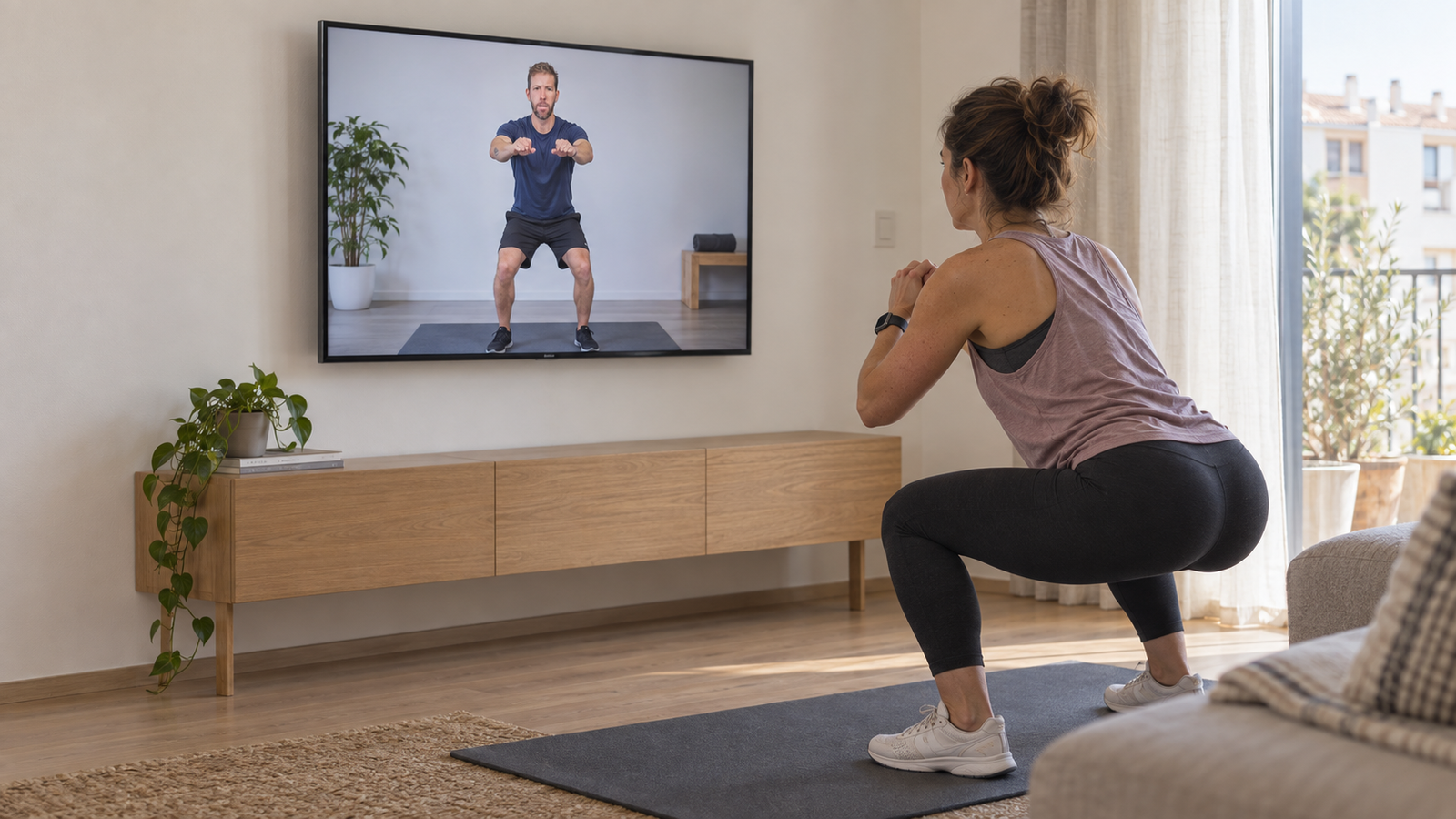 Mujer entrenando en casa con una sesión guiada por Fran Rubio en la televisión