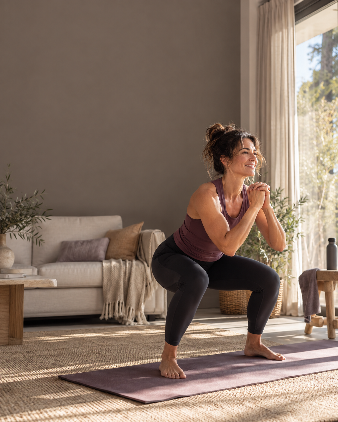 Mujer haciendo un movimiento de entrenamiento en casa