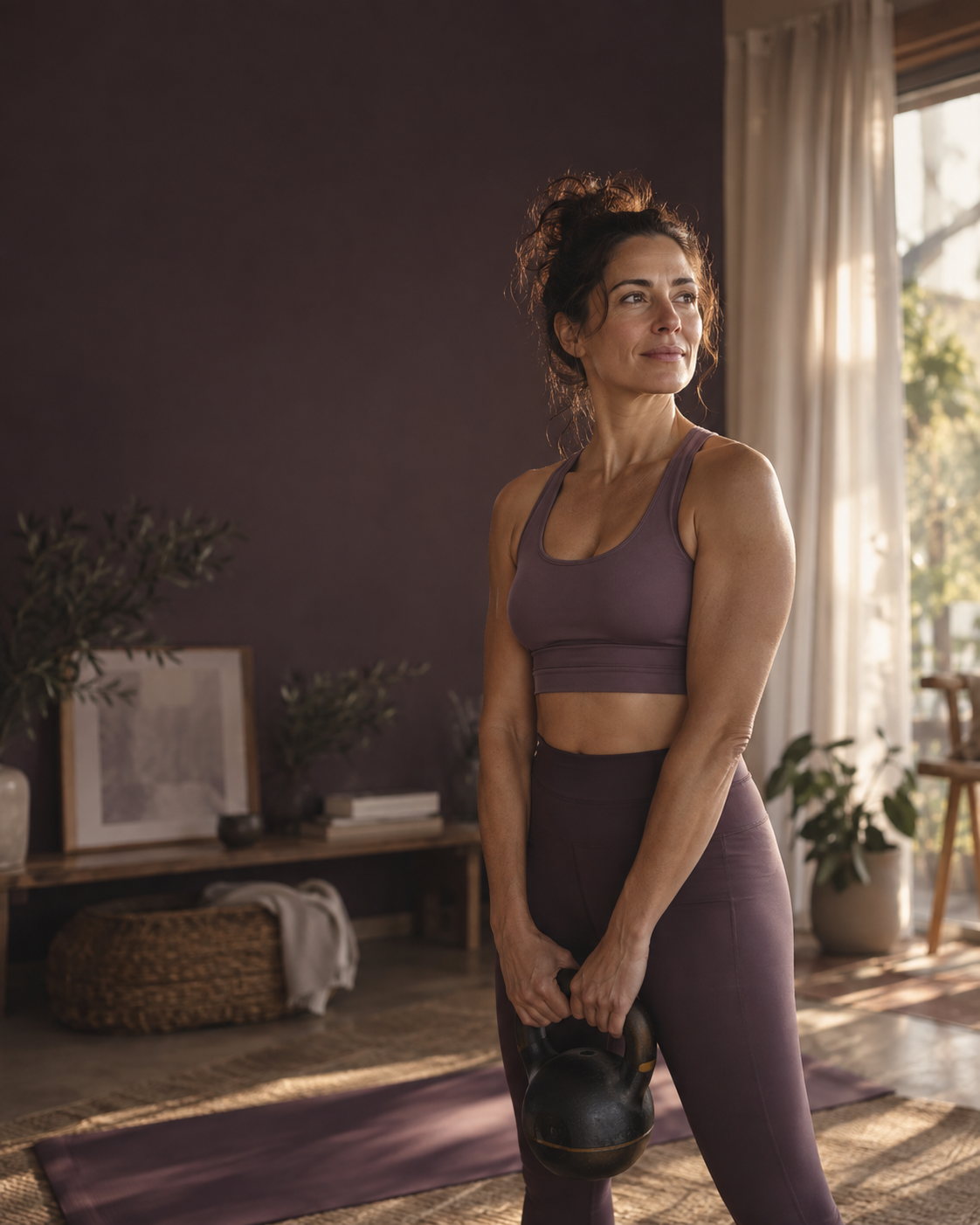 Mujer entrenando fuerza funcional en casa